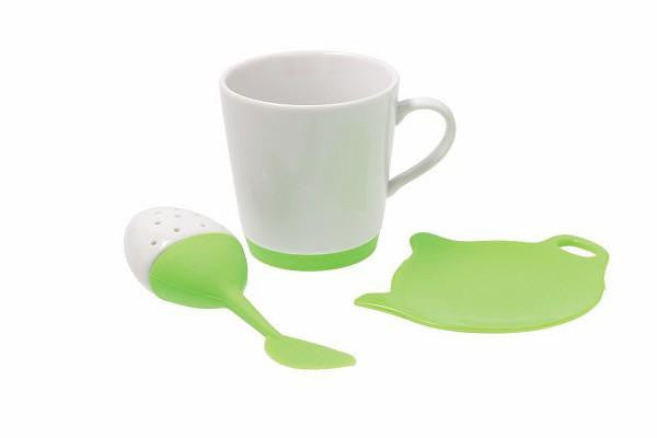 3tlg. Teeset Cyclam/Green Color aus Porzellan und Silikon, 200 ml Volumen, zwei Farben - Porzellan aus Italien 