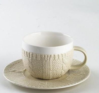 2er Set Cappuccino-Tassen mit Untertasse aus Porzellan, weiß / sandfarbend - Porzellan aus Italien 