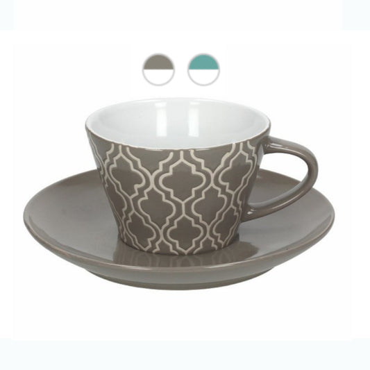 2er Set Frühstückstasse / Kaffeetasse LAYLA, mit Untertasse, zwei Farben - Porzellan aus Italien 