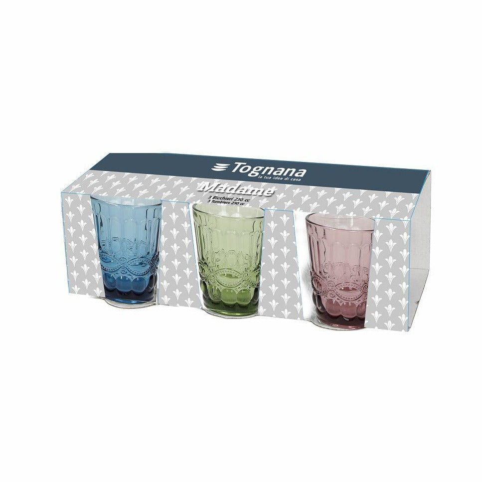3er Set Wasserglas Madame, drei Farben, 230 ml. Volumen - Porzellan aus Italien 