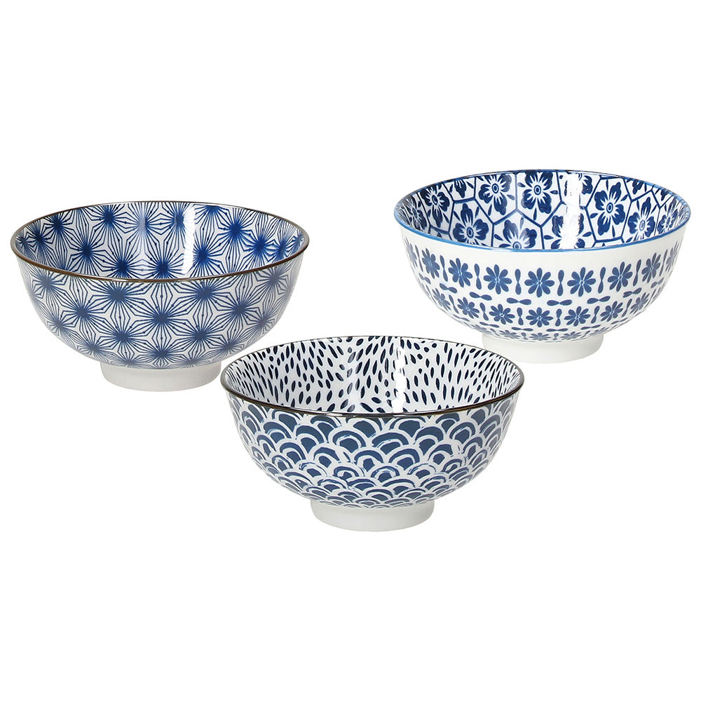 3er Set Müsli-/ Obstschalen Sapa, blau mit unterschiedlichen Dekoren - Porzellan aus Italien 
