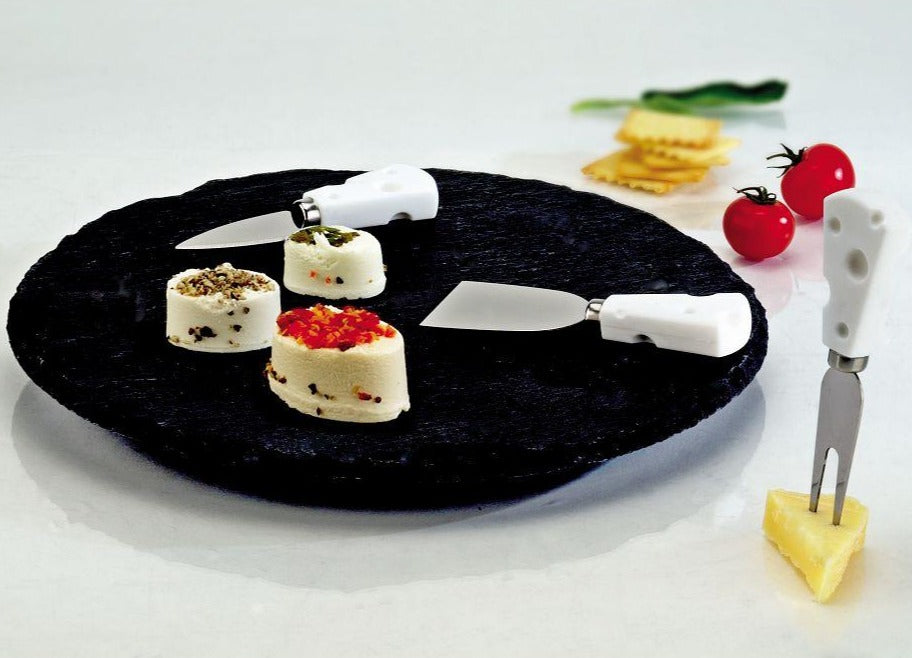 Runde Käseplatte aus Schiefer mit drei Käsemessern - Porzellan aus Italien 
